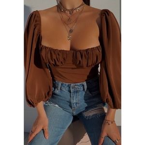 Sweetheart Brown Puff Sleeve top